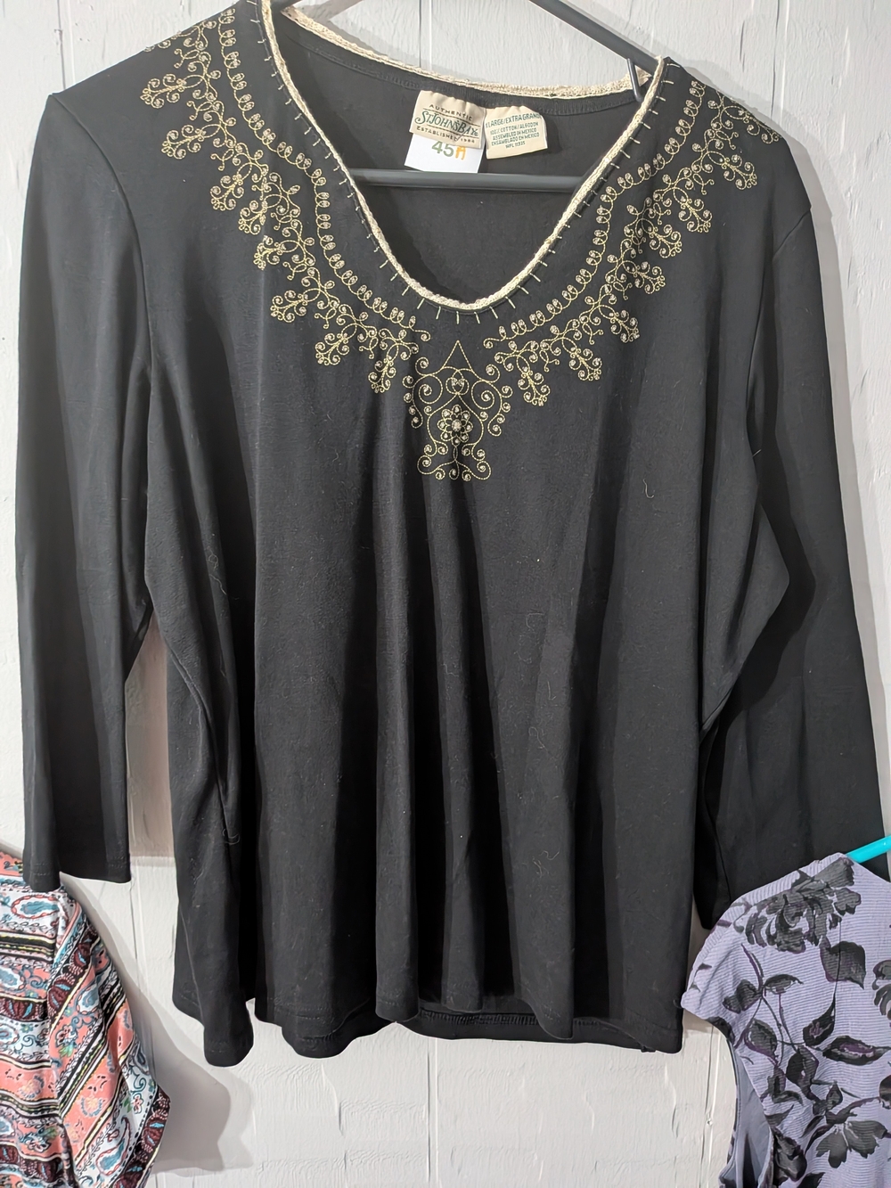 St. John's Bay Black Long-Sleeve Top with Gold Embroidery